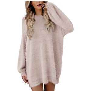 Meenew Women's Furry Pullover Sweater Dress Loose Oversized Long Knitted Top